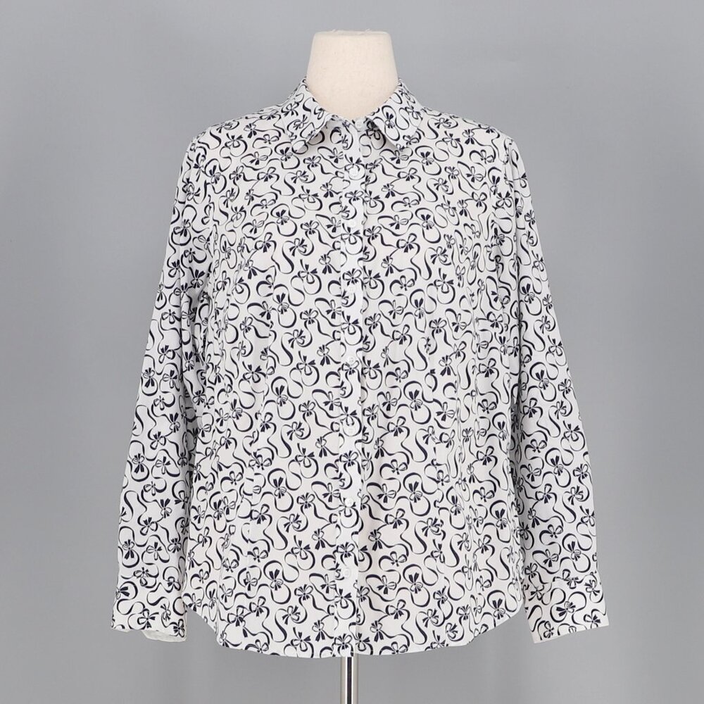 TALBOTS White & Black Floral Ribbon Print Button Front Shirt No Wrinkle Size 12W